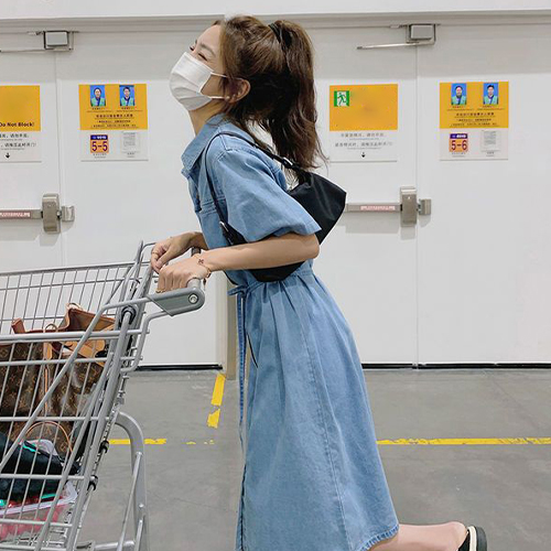 리본끈 카라 데님 원피스