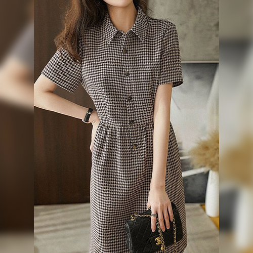 [당일발송]하운드 체크 버튼 카라 원피스