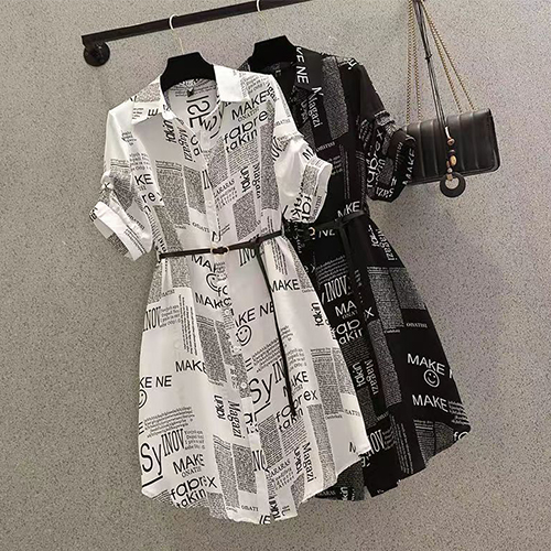 레터링 패턴 셔츠 원피스&벨트