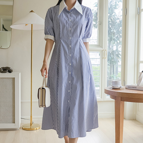 ◈[당일발송] 깔끔 블루 스트라이프 셔츠 원피스