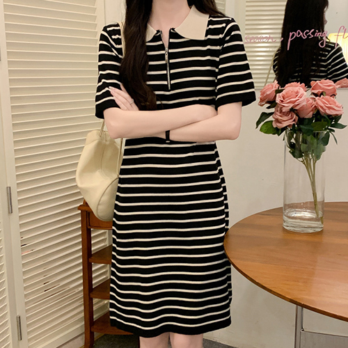 ◈[당일발송] 반집업 스트라이프 캐주얼 카라 원피스