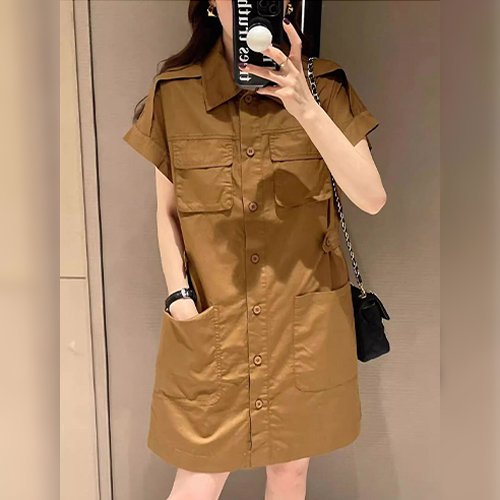 [당일발송] 사파리 카고 캐주얼 반팔 원피스