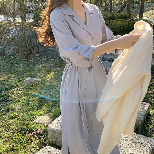 심플 페미닌 셔츠 카라 롱 원피스