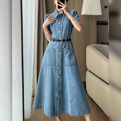 여성스러운 빅카라 데님 원피스&벨트 SET