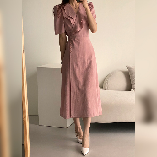 ◈[당일발송] 러플 브이넥 카라 원피스