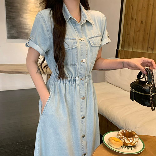 ◈[당일발송] 라이트 데님 밴딩 카라 원피스