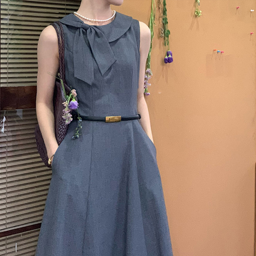 ◈[당일발송] 리본넥 슬리브리스 롱 원피스&벨트 2SET