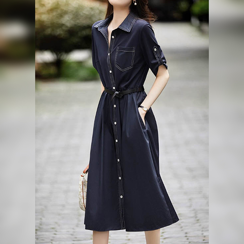 ◈[당일발송] 꾸안꾸 무드 스티치 카라넥 벨트 원피스