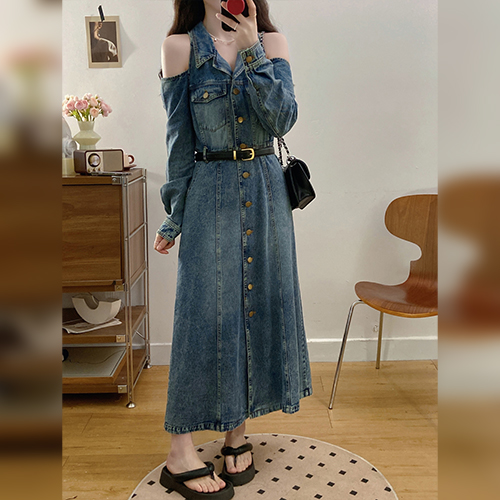 ◈[당일발송] 숄더오픈 벨티드 데님 롱 원피스