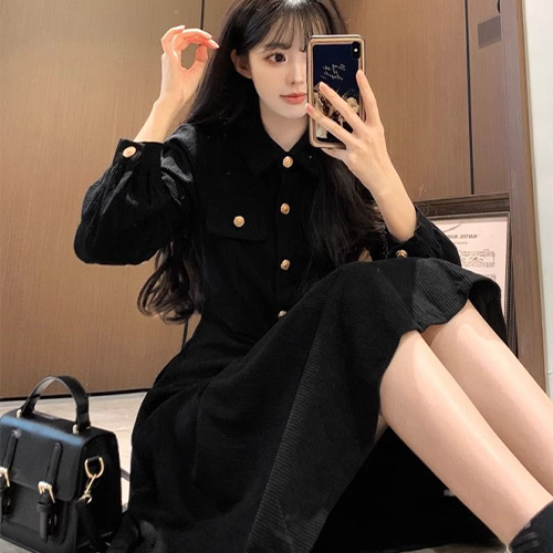 블랙 코듀로이 금장 카라 원피스