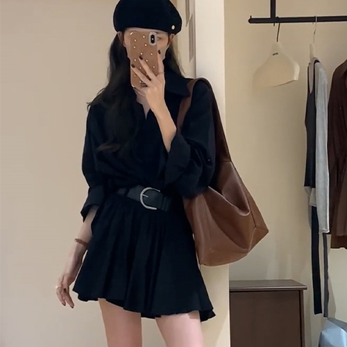 벨트 카라 플리츠 미니 원피스