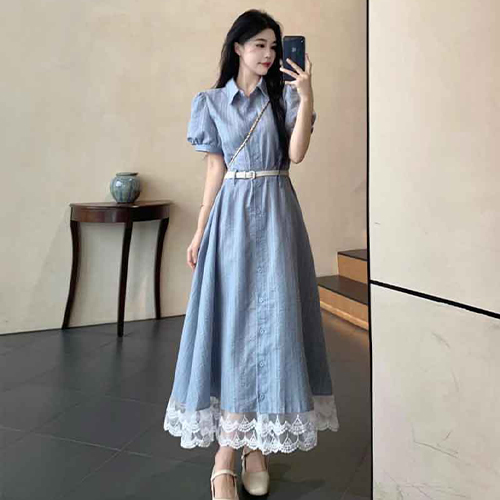 스카이 블루 레이스 패치 퍼프 롱 원피스[벨트포함 벨트 디자인 변경 상세페이지 참고해주세요]