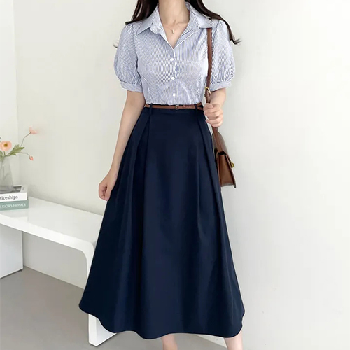 단정한 배색 콤비 오피스룩 롱 원피스