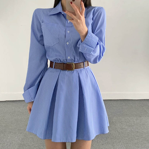 핀스트라이프 벨티드 셔츠 원피스