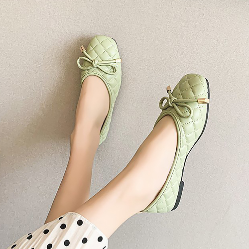 [당일발송] 스퀘어 퀼팅 리본 플랫 슈즈