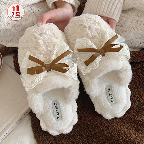 레이스 리본 뽀글이 슬리퍼