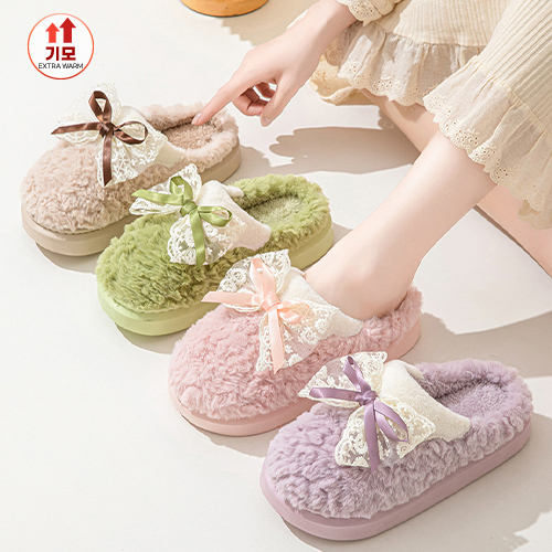 귀여운 리본 뽀글이 방한 슬리퍼