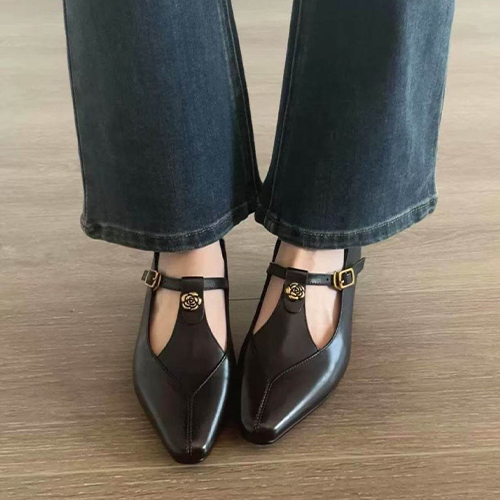 ◈[당일발송]  로즈 버클 무광 블랙 플랫슈즈