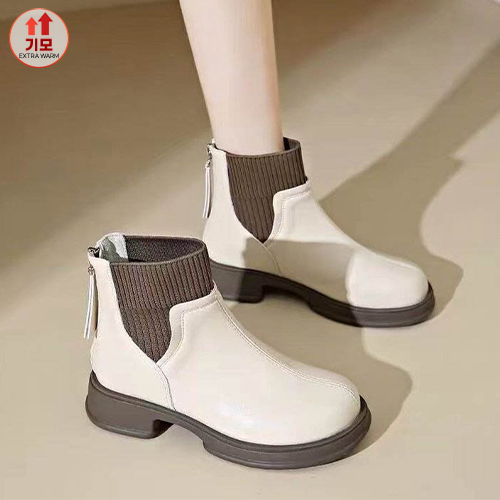 기모 니트 배색 레더 앵클 부츠