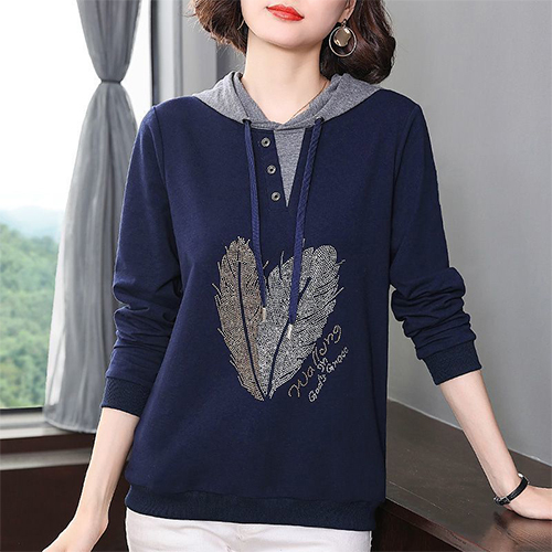 ◈[당일발송] 큐빅 포인트 배색 후드 티셔츠