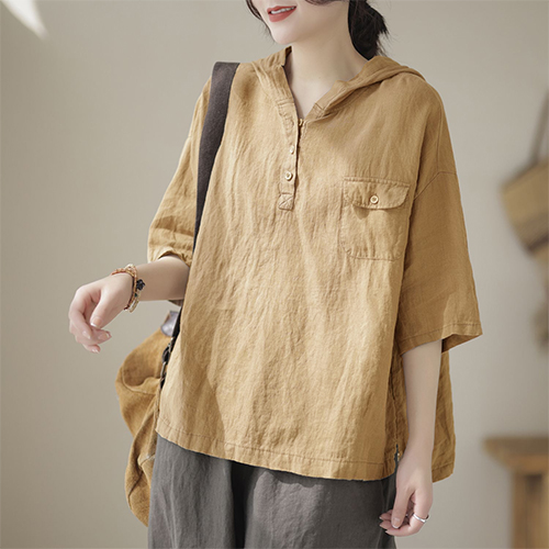 오버핏 헨리넥 5부 후드티  [한 여름 달라붙지 않는 시원한 원단]