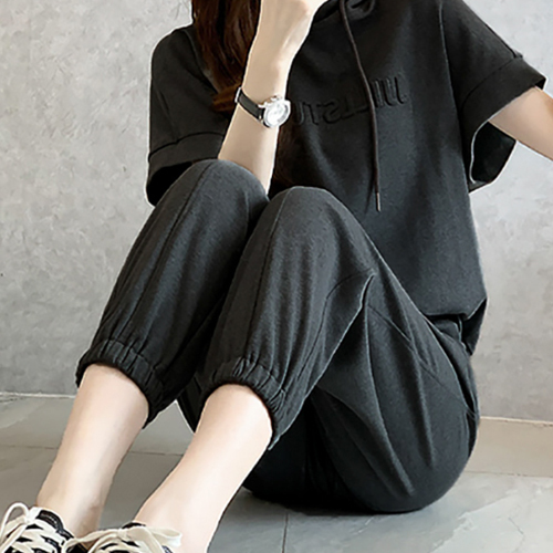 ◈[당일발송]  오버핏 캡소매 후드 티셔츠+밴딩 조거 팬츠 세트