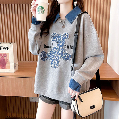 ◈[당일발송] 데님 셔츠 레이어드 베어 맨투맨