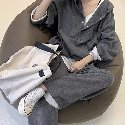 ◈[당일발송]헨리넥 버튼 후드 티셔츠+밴딩 롱 와이드 팬츠 2SET