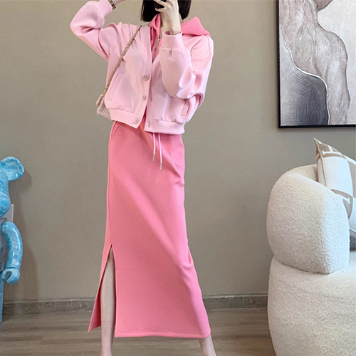 [당일발송] 가디건 레이어드 후드 티셔츠+밴딩 옆트임 스커트 2SET