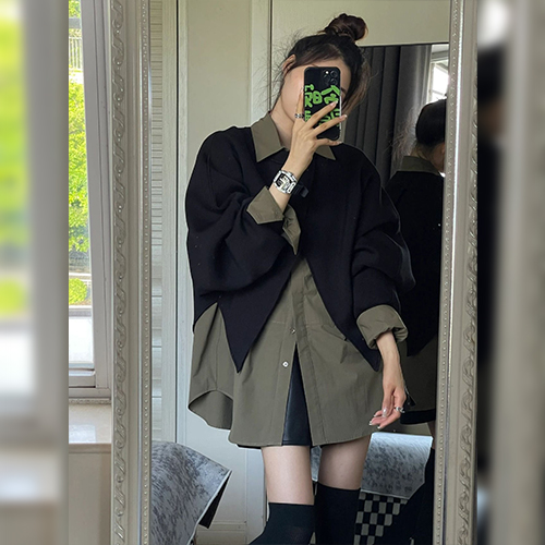 크롭 트임 맨투맨+롱 루즈핏 카라 셔츠 2SET