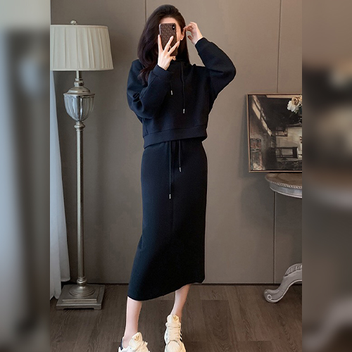 캐주얼 크롭 후드탑 슬림 스커트 2SET