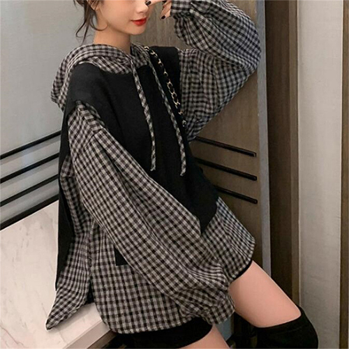 ◈[당일발송] 체크패턴 니트 레이어 후드