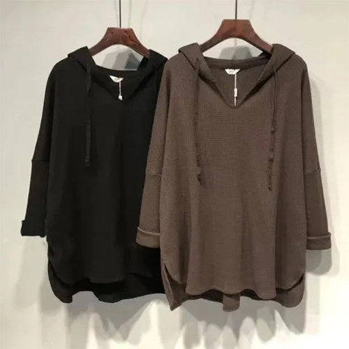 루즈핏 브이넥 긴팔 후드 티셔츠