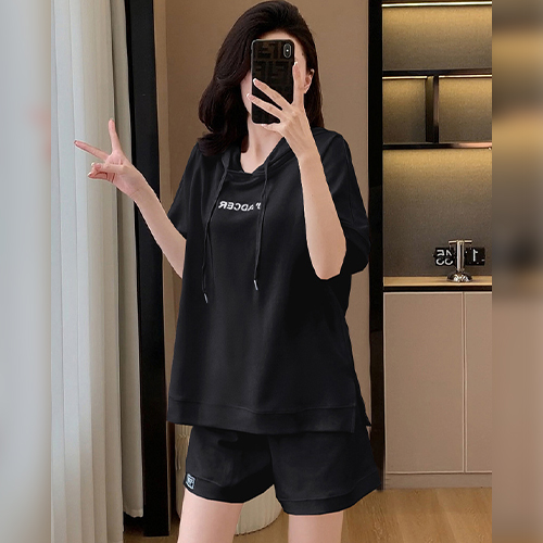 레터링 반팔 후드 티셔츠&밴딩 숏팬츠 2SET