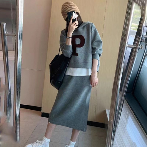 ◈[당일발송] 편안한 데일리 로고 후드&스커트 2SET