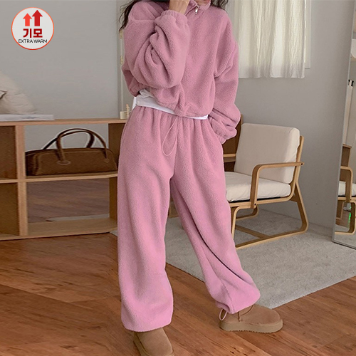 ◈[당일발송] 루즈핏 반집업 뽀글이 맨투맨&밴딩 팬츠 2SET