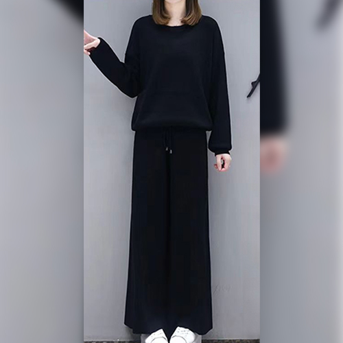 블랙 맨투맨&밴딩 와이드 팬츠 2SET