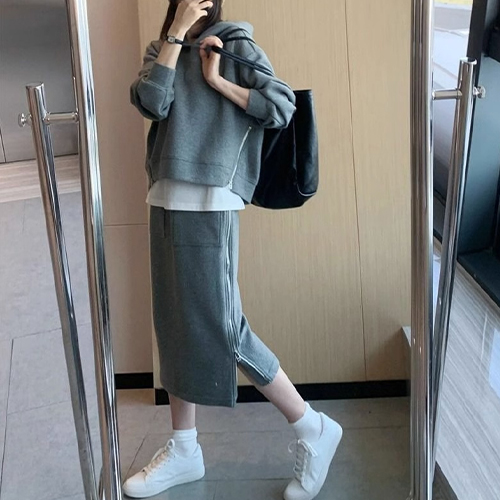 ◈[당일발송] 유니크 옆지퍼 후드티&스커트 2SET