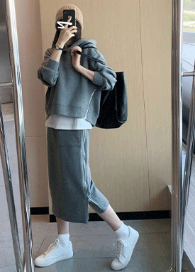 유니크 옆지퍼 후드티&스커트 2SET