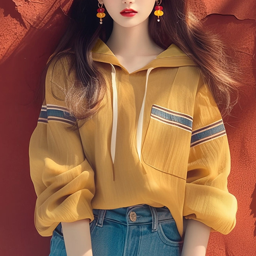 옐로우 배색 포켓 후드티