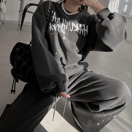 루즈핏 프린팅 맨투맨&밴딩 와이드 팬츠 2SET