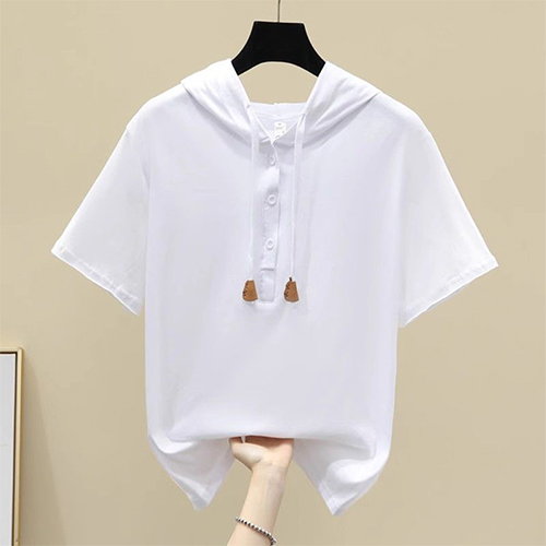 버튼넥 베이직 후드 반팔티