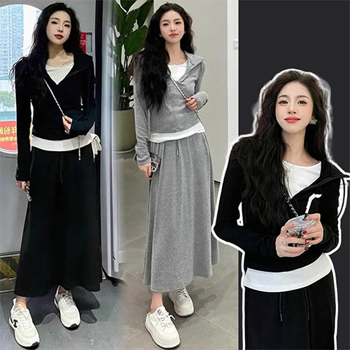 ◈[당일발송] 베이직 반집업 후드티&롱스커트 2SET