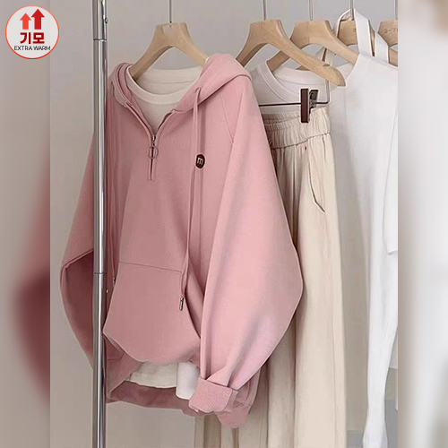 러블리 핑크 반집업 기모 후드티