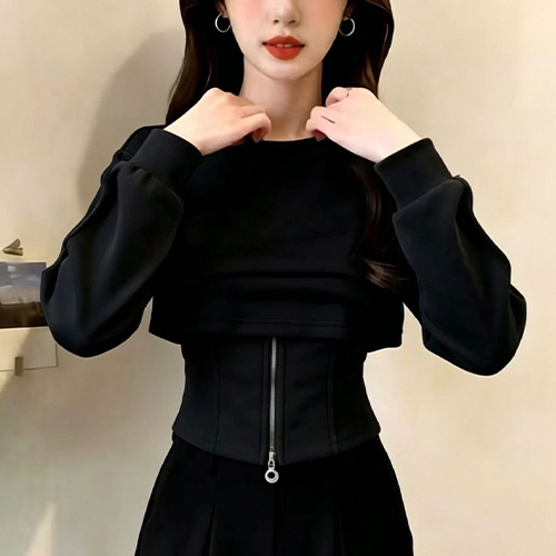 -슬림핏 크롭 레이어드 맨투맨 티셔츠