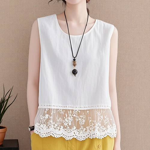 레이스 배색 민소매 블라우스