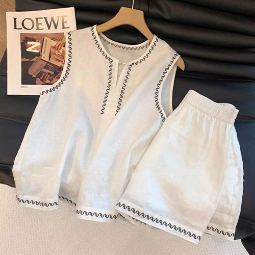 ◈[당일발송] 자수 패턴 민소매 탑&밴딩 숏팬츠 2SET