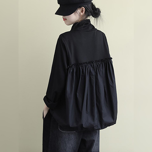 ★화요특가 자정마감 50%★블랙 셔링 폴라넥 루즈핏 티셔츠