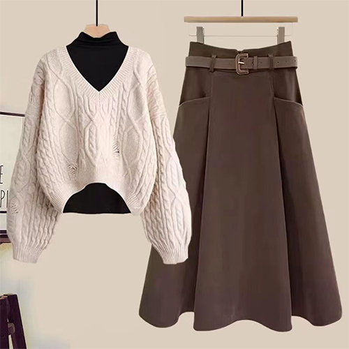 ◈[당일발송] ★화요특가 자정마감 50%★블랙 폴라티+브이넥 패턴 짜임 니트+A라인 플레어 스커트 3SET