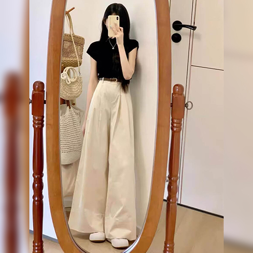 ◈[당일발송] 슬림 캡소매 티셔츠&하이웨스트 핀턱 와이드 팬츠 2SET